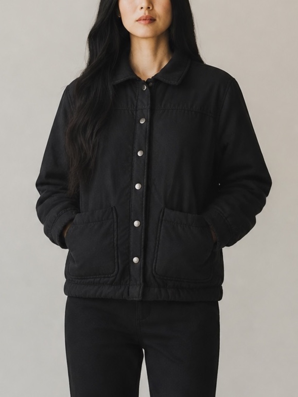 Boston Traders Women’s Med Black Faux Fur Sherpa Lined Snap Front Utility Chore